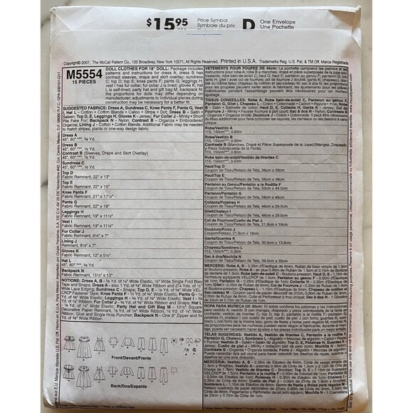 McCall's Pattern M5554 18" Doll Clothes Dress Jumper Leggings Capri Pants Hats - Picture 3 of 4